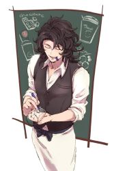Rule 34 | 10s, 1boy, apron, black hair, blue eyes, bow, chalkboard, closed eyes, from above, granblue fantasy, lancelot (granblue fantasy), male focus, marker, mouth hold, siwomi, sleeves pushed up, smile, solo, waist apron, waistcoat, waiter, writing