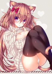 Rule 34 | 1girl, :o, animal ears, ass, beige background, blush, bow, breasts, brown hair, cat ears, cleavage cutout, clothing cutout, hair between eyes, hair bow, hair ornament, hair scrunchie, hairclip, hands on own chest, headgear, heart, highres, legs up, liliko (ooji cha), long hair, long sleeves, looking at viewer, medium breasts, meme attire, ooji cha, open-chest sweater, open mouth, original, panties, polka dot, polka dot scrunchie, purple eyes, red bow, ribbed sweater, scrunchie, simple background, sleeves past wrists, solo, sweater, tareme, thighhighs, turtleneck, turtleneck sweater, underwear, very long hair, white panties
