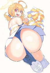 Rule 34 | 1girl, @ @, ahoge, ass, ass focus, bent over, blonde hair, blue archive, breasts, buruma, cheerleader, halo, highres, huge ass, inkerton-kun, kotori (blue archive), kotori (cheer squad) (blue archive), large breasts, medium breasts, official alternate costume, pleated skirt, plump, pom pom (cheerleading), red eyes, shoes, simple background, skirt, sneakers, solo, sweat, white background