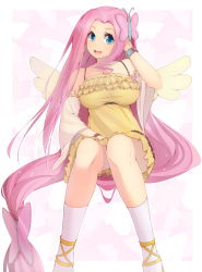 Rule 34 | 1girl, absurdly long hair, bare shoulders, blue eyes, bra strap, bracelet, breasts, butterfly hair ornament, detached sleeves, dress, eyelashes, fluttershy, hair ornament, highres, jewelry, knees together feet apart, large breasts, long hair, low-tied long hair, magister, mini wings, my little pony, my little pony: friendship is magic, personification, pink hair, revision, sitting, smile, socks, solo, spaghetti strap, very long hair, wings