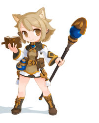 Rule 34 | 1girl, animal ears, book, boots, brown eyes, brown hair, cat ears, cat girl, fantasy, female focus, full body, original, pointy ears, potion, ran system, short hair, simple background, solo, staff, standing, tunic, white background