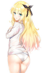 Rule 34 | 10s, 1girl, absurdres, ass, black ribbon, blonde hair, blue eyes, blush, commentary request, cowboy shot, hair between eyes, hair ribbon, head tilt, highres, juliet persia, kishuku gakkou no juliet, lace, lace-trimmed panties, lace trim, long hair, long sleeves, looking at viewer, looking back, no pants, panties, parted lips, ribbon, shirt, sidelocks, simple background, solo, standing, sunhyun, thighs, underwear, white background, white panties, white shirt