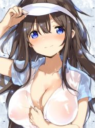 Rule 34 | 1girl, adjusting clothes, adjusting headwear, arm up, blue eyes, blush, breasts, brown hair, cleavage, closed mouth, collarbone, collared shirt, fuji-yama, hair between eyes, holding, holding clothes, holding shirt, large breasts, long hair, looking at viewer, original, see-through, shirt, smile, solo, sportswear, sweat, tennis uniform, upper body, visor cap, wing collar