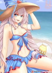 Rule 34 | 1girl, areola slip, artist request, beach, blue eyes, breasts, fate/grand order, fate (series), grey hair, hat, marie antoinette (fate), marie antoinette (swimsuit caster) (third ascension) (fate), medium breasts, navel, nipple slip, nipples, solo, swimsuit, thighs, twintails