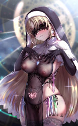 Rule 34 | 1girl, black gloves, black panties, blonde hair, blurry, blurry background, blush, body writing, bodystocking, breasts, brown eyes, capelet, censored, condom, condom belt, covered erect nipples, covered navel, cowboy shot, crotchless, crotchless panties, daishippai, elbow gloves, eyepatch, female focus, gloves, groin, habit, half-closed eyes, hands on own chest, highres, jewelry, lace, lace-trimmed legwear, lace trim, large breasts, light brown hair, long hair, looking at viewer, mosaic censoring, multiple condoms, navel piercing, neck ribbon, necklace, nijisanji, nipples, nun, panties, parted bangs, parted lips, piercing, pubic tattoo, pussy, ribbon, see-through, sister claire, sister claire (1st costume), skindentation, smile, solo, standing, steam, string panties, sweat, tally, tattoo, thighhighs, thong, underwear, used condom, very long hair, virtual youtuber, white capelet, white ribbon, white thighhighs