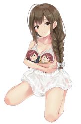 Rule 34 | 3girls, ahoge, alstroemeria (idolmaster), armpit crease, arms up, bare arms, bare legs, bare shoulders, black shirt, blush, braid, breasts, brown eyes, brown hair, brown shirt, character doll, cleavage, closed mouth, collarbone, commentary request, hugging doll, dress, full body, hair over shoulder, hair ribbon, head tilt, highres, idolmaster, idolmaster shiny colors, kuwayama chiyuki, lace, lace-trimmed dress, lace trim, long hair, looking at viewer, medium breasts, minikon, multiple girls, hugging object, osaki amana, osaki tenka, ribbon, school uniform, see-through, shirt, sidelocks, simple background, single braid, sitting, sleeveless, sleeveless dress, smile, spaghetti strap, thighs, wariza, white background, white dress, white ribbon
