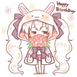 Rule 34 | 1girl, animal ears, animal hood, azur lane, blush, bouquet, bow, brown eyes, chibi, covered mouth, flower, hair between eyes, hair bow, half-closed eyes, happy birthday, heart, hood, hood up, jacket, laffey (azur lane), long hair, looking at viewer, no shoes, pink jacket, pleated skirt, purple bow, rabbit ears, rabbit hood, red flower, red skirt, sakurato ototo shizuku, shadow, sidelocks, skirt, solo, standing, thighhighs, twintails, very long hair, white background, white hair, white thighhighs