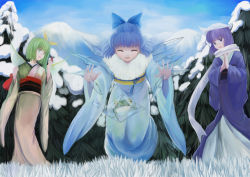 Rule 34 | 3girls, alternate costume, blue hair, cirno, daiyousei, closed eyes, fairy wings, frog, frozen, frozen frog, fur trim, green eyes, green hair, hair ribbon, hat, ice, ice wings, japanese clothes, kimono, letty whiterock, long sleeves, looking at another, mi ye xi, mountain, multiple girls, nature, obi, open mouth, own hands together, purple hair, ribbon, sash, scarf, short hair, side ponytail, smile, snow, touhou, tree, wide sleeves, wings, yukata