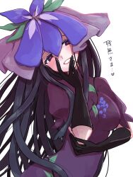 Rule 34 | 1girl, absurdres, black gloves, black hair, china dress, chinese clothes, dress, flower, flower on head, food print, fruit print, gloves, grape print, heart, heart in eye, highres, long hair, open mouth, purple dress, purple eyes, purple flower, short sleeves, shouko (airen), simple background, smile, solo, symbol in eye, touhou, upper body, vine print, white background, yomotsu hisami
