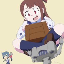 Rule 34 | 10s, 2girls, asymmetrical bangs, blunt bangs, bow, box, brown hair, carrying, commentary request, constanze amalie von braunschbank-albrechtsberger, gobanme no mayoi neko, green eyes, hair bow, highres, indian style, kagari atsuko, little witch academia, long hair, low ponytail, luna nova school uniform, multiple girls, red eyes, robot, school uniform, short ponytail, simple background, sitting, solid circle eyes, stanbot (little witch academia), thick eyebrows, wrench