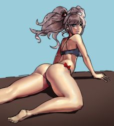 Rule 34 | 10s, 1girl, arm support, ass, barefoot, bear hair ornament, bikini, blue background, blue eyes, commentary, danganronpa: trigger happy havoc, danganronpa (series), enoshima junko, eu03, gluteal fold, hair ornament, long hair, looking back, lying, pink hair, sketch, soles, solo, spoilers, swimsuit, thighs, twintails