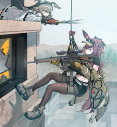 2girls absurdres animal_ear_fluff animal_ears arknights battle_rifle belt black_shirt black_shorts caper_(arknights) commission crop_top dress gloves grey_belt grey_footwear grey_hair grin gun h&amp;k_g3 highres holding holding_gun holding_weapon long_hair long_sleeves midriff multiple_girls mush navel outdoors pantyhose pantyhose_under_shorts purple_eyes purple_hair rabbit_ears ray_(arknights) red_eyes red_gloves rifle second-party_source shears shirt shoes short_shorts shorts smile sneakers sniper_rifle thighs visor_cap weapon white_dress