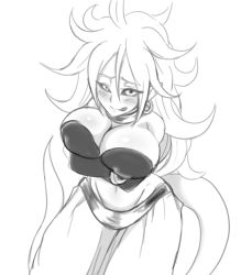 Rule 34 | 1girl, android 21, breasts, cleavage, dragon ball, dragon ball fighterz, earrings, highres, jewelry, looking at viewer, majin android 21, monochrome, simple background, solo, tail, white background, zeita