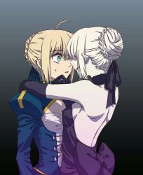 Rule 34 | 2girls, ahoge, arm around neck, artoria pendragon (all), artoria pendragon (fate), backless dress, backless outfit, bad id, bad pixiv id, bare shoulders, black ribbon, blonde hair, blue ribbon, braid, breasts, cleavage, dress, elbow gloves, fate/stay night, fate (series), french braid, gloves, gradient background, green eyes, hand on another&#039;s chin, highres, imminent kiss, ishii (wami5285), juliet sleeves, long sleeves, medium breasts, multiple girls, puffy sleeves, ribbon, saber (fate), saber alter, sideboob, yuri