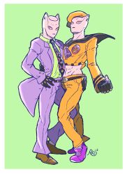 Rule 34 | abs, arm around waist, black gloves, clenched hand, cosplay, crop top, formal, gloves, hand on own hip, hat, highres, jojo no kimyou na bouken, jojolion, killer queen, kira yoshikage, kira yoshikage (cosplay), kira yoshikage (jojolion), kira yoshikage (jojolion) (cosplay), necktie, no humans, raiphen, sailor, sailor hat, shoes, signature, sneakers, stand (jojo), suit