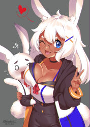 Rule 34 | &gt; o, 1girl, ;d, absurdres, animal, animal ears, animal hug, black-framed eyewear, black choker, black jacket, black pants, black skirt, blue eyes, blush, bow, breasts, choker, cleavage, clothed animal, collarbone, commentary, dark-skinned female, dark skin, dated, english commentary, fang, female focus, flying sweatdrops, fox ears, glasses, grey background, hair between eyes, heart, highres, hood, hood down, hooded jacket, jacket, long hair, long sleeves, lulu-chan92, medium breasts, nose blush, one eye closed, open clothes, open jacket, open mouth, original, pants, rabbit, red bow, round eyewear, shirt, simple background, skirt, smile, solo, suspenders, thick eyebrows, twitter username, very long hair, wavy mouth, white hair, white shirt