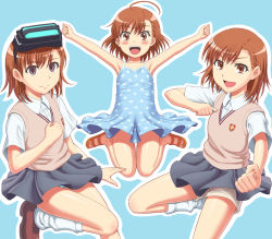 Rule 34 | 00s, 2009, 3girls, \o/, ahoge, armpits, arms up, blue dress, blush, brown eyes, brown footwear, brown hair, brown sweater, brown sweater vest, brown vest, coin, dress, empty eyes, feet out of frame, female focus, flat chest, grey skirt, happy, head-mounted display, holding, holding coin, jinrai (owl12), jumping, last order (toaru majutsu no index), light brown sweater, light brown vest, looking at viewer, loose socks, miniskirt, misaka imouto, misaka mikoto, multiple girls, open mouth, outstretched arms, panties, pantyshot, pleated skirt, polka dot, polka dot dress, sandals, school uniform, shirt, short hair, short shorts, short sleeves, shorts, shorts under skirt, siblings, sisters, skirt, smile, socks, sweater, sweater vest, t-shirt, teeth, toaru kagaku no railgun, toaru majutsu no index, tokiwadai school uniform, tongue, underwear, upper teeth only, vest, white shirt