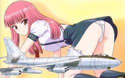 Rule 34 | 1girl, absurdres, aircraft, airplane, airplane wing, all fours, artbook, ass, b-47 stratojet, black skirt, black socks, blush, breasts, brown eyes, brown footwear, closed mouth, covered erect nipples, crotch seam, highres, lace, lace-trimmed panties, lace trim, long hair, looking at viewer, medium breasts, original, panties, pantyshot, pink hair, presenting, scan, shirt, shoes, short sleeves, simple background, skirt, smile, socks, solo, suspender skirt, suspenders, thighs, underwear, uniform, vehicle focus, white panties, white shirt, yamauchi noriyasu