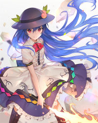 Rule 34 | 1girl, black hat, blouse, blue hair, blue skirt, boots, bow, bowtie, brown footwear, center frills, commentary request, cross-laced footwear, embers, feet out of frame, flaming sword, flaming weapon, floating hair, food, frills, fruit, gradient background, grey background, hair between eyes, hat, hinanawi tenshi, holding, holding sword, holding weapon, lace-up boots, lazuri7, leaf, long hair, looking at viewer, peach, petticoat, puffy short sleeves, puffy sleeves, red bow, red bowtie, red eyes, rock, shirt, short sleeves, skirt, smile, solo, standing, sword, sword of hisou, touhou, very long hair, weapon, white shirt, wing collar