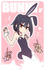 1girl alternate_costume animal_ears bare_arms bare_shoulders black_hair black_hairband black_leotard chibi chibi_inset chloe_von_einzbern commentary fake_animal_ears fake_tail fate/kaleid_liner_prisma_illya fate_(series) flat_chest hair_between_eyes hair_ornament hairband hairclip heart illyasviel_von_einzbern leotard long_hair looking_at_viewer miyu_edelfelt outline pink_background playboy_bunny ponytail rabbit_ears rabbit_tail simple_background solo_focus star_(symbol) tail white_outline wrist_cuffs yellow_eyes yoru_nai