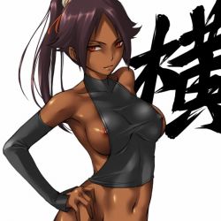 Rule 34 | 00s, 1girl, armpits, bare shoulders, bleach, bottomless, breasts, collarbone, covered erect nipples, crop top, dark-skinned female, dark skin, detached sleeves, elbow gloves, fingerless gloves, gloves, hair ribbon, halterneck, hand on own hip, impossible clothes, impossible shirt, large breasts, long hair, mosha, naughty face, navel, nipple slip, nipples, no bra, parted bangs, ponytail, purple hair, red eyes, ribbon, shihouin yoruichi, shiny skin, shirt, sideboob, simple background, skin tight, slit pupils, smile, solo, upper body