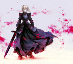 Rule 34 | 1girl, armor, armored boots, armored dress, artoria pendragon (fate), black dress, blurry, blurry background, boots, braid, closed mouth, dress, excalibur morgan (fate), fate/stay night, fate (series), floating hair, frown, full body, gauntlets, grey background, hair between eyes, high heel boots, high heels, highres, holding, holding sword, holding weapon, long dress, looking at viewer, medium hair, no mae (mikakatachi), saber alter, silver hair, solo, standing, sword, weapon, yellow eyes