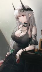 Rule 34 | 1girl, arknights, black collar, black dress, bracelet, breasts, cleavage, collar, cross, cross necklace, cup, dress, earrings, highres, holding, holding cup, horns, jewelry, large breasts, long hair, masai no senshi, mudrock (arknights), mudrock (obsidian) (arknights), necklace, official alternate costume, parted lips, pointy ears, red eyes, solo, white hair