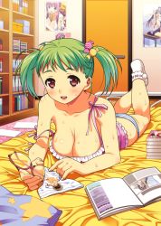 Rule 34 | 1girl, :o, absurdres, bare shoulders, bed, bedroom, blush, bobby socks, book, bookshelf, breasts, camisole, cleavage, glasses, green hair, hair ornament, hamashima shigeo, highres, holding, holding removed eyewear, indoors, large breasts, lying, off shoulder, on stomach, panties, red-framed eyewear, red eyes, room, short hair, short twintails, socks, solo, strap slip, striped clothes, striped panties, sweat, twintails, underwear, unworn eyewear