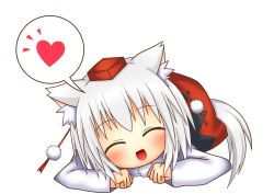 Rule 34 | 1girl, animal ears, bare shoulders, blush, detached sleeves, closed eyes, happy, hat, heart, hestia (neko itachi), inubashiri momiji, looking at viewer, open mouth, pom pom (clothes), shirt, short hair, silver hair, skirt, smile, solo, spoken heart, tail, tokin hat, touhou, wolf ears, wolf tail