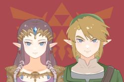 Rule 34 | 1boy, 1girl, armor, blue eyes, brown hair, chinese commentary, circlet, commentary request, earrings, eyebrows hidden by hair, green headwear, green tunic, hat, jewelry, light brown hair, link, low-tied sidelocks, nintendo, pointy ears, princess zelda, red background, shoulder armor, the legend of zelda, the legend of zelda: twilight princess, triforce, v-shaped eyebrows, yun (dl2n5c7kbh8ihcx)