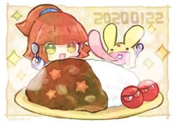 Rule 34 | 1girl, arle nadja, border, brown hair, carbuncle (puyopuyo), chibi, curry, dated, doradorakingyo, food, forehead jewel, holding, holding spoon, long tongue, open mouth, oversized food, oversized object, puyo (puyopuyo), puyopuyo, rice, sparkle, spoon, star in mouth, tongue, white border, white wristband