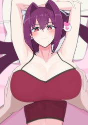 Rule 34 | 1girl, arms up, blush, grabbing another&#039;s breast, breasts, camisole, cleavage, grabbing, hair intakes, hair ribbon, heart, high ponytail, highres, huge breasts, looking at viewer, midriff, narrow waist, pov, pov hands, purple hair, red camisole, red eyes, ribbon, smile, spoken heart, tsu-mo3, under night in-birth, white ribbon, yuzuriha (under night in-birth)