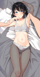 Rule 34 | 1boy, 1girl, absurdres, arm up, armpits, bare arms, bare shoulders, bed sheet, black hair, blue eyes, bra, breasts, cac itinose, calvin klein, closed mouth, collarbone, feet out of frame, grey bra, grey panties, hair between eyes, hand up, highres, lying, on back, original, panties, pillow, shadow, small breasts, solo focus, tears, underwear, underwear only
