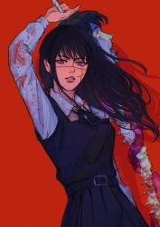 Rule 34 | 1girl, arm up, black hair, blood, blood on clothes, chainsaw man, dress, fourth east high school uniform, highres, holding, holding sword, holding weapon, liz (beforelightsout), long hair, looking at viewer, pinafore dress, red background, red eyes, ringed eyes, school uniform, severed head, simple background, sleeveless, sleeveless dress, solo, spine, sword, tanaka (chainsaw man), weapon, yoru (chainsaw man)