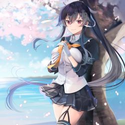Rule 34 | 1girl, absurdres, adjusting neckwear, against tree, black hair, black jacket, black skirt, breasts, cherry blossoms, garter straps, gloves, hair between eyes, hair ribbon, highres, jacket, kantai collection, large breasts, long hair, looking at viewer, open clothes, open jacket, outdoors, pleated skirt, ponytail, red eyes, ribbon, shirt, sidelocks, single garter strap, single thighhigh, skirt, smile, solo, standing, striped clothes, striped shirt, thighhighs, tree, very long hair, water, white gloves, white shirt, wind, yahagi (kancolle), yahagi kai ni (kancolle), yellow neckwear, yunamaro