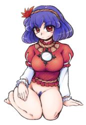 Rule 34 | 1girl, arm support, blue hair, blush stickers, bottomless, breasts, colored pubic hair, curvy, female focus, female pubic hair, hair ornament, large breasts, pubic hair, purple hair, red eyes, seiza, shirt, short hair, sitting, smile, solo, sotto, taut clothes, taut shirt, thighs, touhou, yasaka kanako
