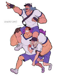 Rule 34 | 3boys, arm hair, avalo pizarro, bare arms, bare legs, baseball cap, carrying, carrying under arm, casual, contemporary, curly hair, doc q, eye mask, facial hair, grey hair, grin, hat, height difference, highres, horns, horns through headwear, hungry days, jesus burgess, long hair, looking afar, male focus, mask, multiple boys, muscular, muscular male, mustache, one piece, outstretched arm, pectorals, pointing, purple hair, running, shirt, shoes, shorts, simple background, sitting, sitting on shoulder, smile, sportswear, t-shirt, twitter username, white background, youkan (tako)