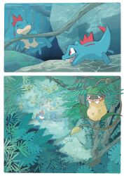 Rule 34 | 2koma, absurdres, air bubble, black eyes, branch, bubble, closed eyes, comic, creatures (company), croconaw, game freak, gen 1 pokemon, gen 2 pokemon, hanging on tree, highres, jungle, leaf, looking down, momota pix, nature, nintendo, no humans, plant, pokemon, pokemon (creature), red eyes, rock, roots, swimming, totodile, tree, underwater, victreebel, vines