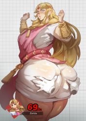 Rule 34 | 1girl, armor, ass, ass grab, blonde hair, blue eyes, blush, breasts, curvy, earrings, from behind, highres, hoop earrings, huge ass, huge breasts, jewelry, jujunaught, long hair, necklace, nintendo, parted lips, pauldrons, plump, pointy ears, princess zelda, shoulder armor, solo focus, super smash bros., the legend of zelda, thick thighs, thighs, wide hips