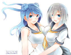 Rule 34 | 10s, 2girls, :d, asymmetrical docking, blue eyes, blue hair, blush, breast press, breasts, cleavage, commentary request, double bun, hair bun, hair ornament, hair over one eye, hairclip, hamakaze (kancolle), highres, hug, kantai collection, large breasts, long hair, looking at viewer, multiple girls, neckerchief, open mouth, pleated skirt, school uniform, serafuku, short hair, simple background, skirt, sleeves rolled up, smile, symmetrical docking, tebi (tbd11), teeth, upper teeth only, urakaze (kancolle), white background, white hair, yellow neckerchief