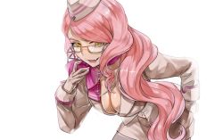 Rule 34 | 1girl, breasts, choker, cleavage, commentary request, earrings, eyewear strap, fang, fang out, fate/grand order, fate (series), formal, glasses, gloves, hat, jewelry, koyanskaya (fate), koyanskaya (foreigner) (first ascension) (fate), long hair, looking at viewer, pink hair, ribbon, ribbon choker, smile, solo, suit, tamamo (fate), very long hair, white background, white gloves, yellow eyes, yukino (stardust)