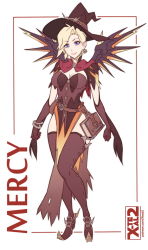 Rule 34 | 1girl, artist name, blonde hair, blue eyes, book, breasts, character name, cleavage, eyeshadow, female focus, full body, hat, looking at viewer, makeup, mechanical wings, mercy (overwatch), official alternate costume, overwatch, overwatch 1, pelvic curtain, simple background, smile, solo, thighhighs, white background, wings, witch, witch hat, witch mercy, x-t3al