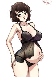 Rule 34 | 1girl, 2019, artist name, black panties, breasts, brown eyes, brown hair, cleavage, dated, female focus, kawakami sadayo, large breasts, lingerie, matching hair/eyes, midriff, mina cream, navel, negligee, panties, parted lips, persona, persona 5, pregnant, see-through, short hair, smile, solo, standing, tagme, underwear, underwear only
