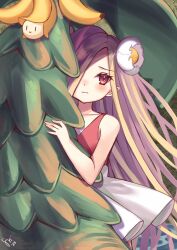 Rule 34 | 1girl, 2023, banana, bare arms, bare shoulders, behind tree, blonde hair, closed mouth, collarbone, flower, food, fruit, furrowed brow, hair flower, hair ornament, hair over one eye, highres, lady tanee, long hair, pointy ears, ragnarok online, red eyes, red tank top, shirt, signature, solo, tank top, tree, very long hair, watashishi, white flower, white shirt