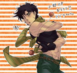 Rule 34 | 1boy, abs, bare shoulders, battle tendency, belt, black hair, blue eyes, bola (weapon), bound, fingerless gloves, gloves, jojo no kimyou na bouken, joseph joestar, joseph joestar (young), male focus, midriff, plussalad, scarf, sleeveless, solo, squiggle, striped background, striped clothes, striped scarf, sweatdrop, tied up (nonsexual)
