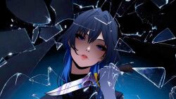 1girl blue_eyes blue_hair broken_glass colored_tips dark_blue_hair double-parted_bangs glass glass_shards gloves gradient_background gradient_hair hair_intakes head_tilt high_collar highres holding holding_knife hololive hololive_english knife lips lipstick looking_at_viewer makeup medium_hair military_uniform multicolored_hair official_alternate_costume official_alternate_hairstyle ouro_kronii ouro_kronii_(4th_costume) parted_lips portrait reflection repeony shattered sidelocks solo virtual_youtuber white_gloves