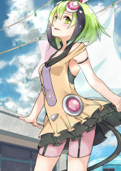 Rule 34 | 10s, 1girl, absurdres, android, armlet, bare shoulders, bike shorts, cable, cable tail, clothes pin, clothesline, contrapposto, cowboy shot, day, dimension w, dress, from below, glint, green eyes, green hair, headgear, highres, laundry, lingyan heiye, matching hair/eyes, mechanical tail, multicolored hair, open mouth, outdoors, short hair, smile, solo, standing, streaked hair, tail, two-tone hair, yellow dress, yurizaki mira