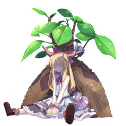 Rule 34 | 1girl, against tree, bow, chain, closed eyes, female focus, gotyou, gourd, hair bow, horns, ibuki suika, large bow, long hair, orange hair, simple background, sitting, solo, touhou, tree, v arms, wrist cuffs