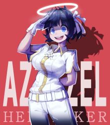 Rule 34 | 1girl, angel, arm behind back, azazel (helltaker), bad id, bad pixiv id, black hair, blue eyes, blush, breasts, character name, commentary, copyright name, cross, gloves, hair ribbon, halo, helltaker, large breasts, liyom, looking at viewer, open mouth, pants, red background, ribbon, shadow, shirt, short hair, short sleeves, simple background, smile, white gloves, white ribbon, white shirt