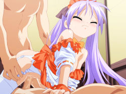 Rule 34 | 00s, 1girl, blush, breasts, censored, closed eyes, clothes lift, double penetration, dress, frown, game cg, garter belt, group sex, hiiragi kagami, long hair, lucky star, multiple penetration, no bra, penis, purple hair, pussy, pussy juice, raki kosu, ribbon, sex, shirt lift, skirt, thighhighs, twintails, undressing, uniform, vaginal, white thighhighs